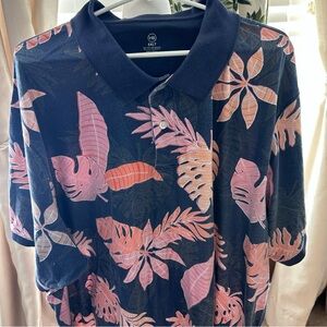 Harbor Bay Dark Blue Polo with Pink and Orange Leaf Print